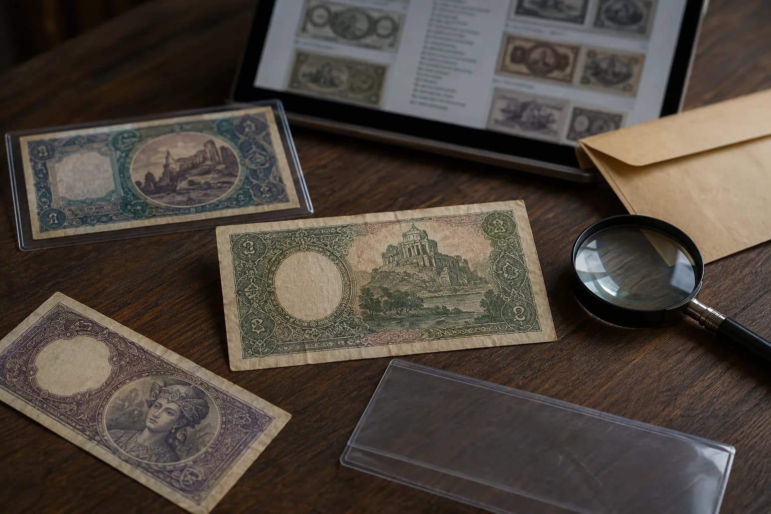 Fictional obsolete-style banknotes beside a central-bank reference page, magnifier, archival sleeve, and exchange envelope