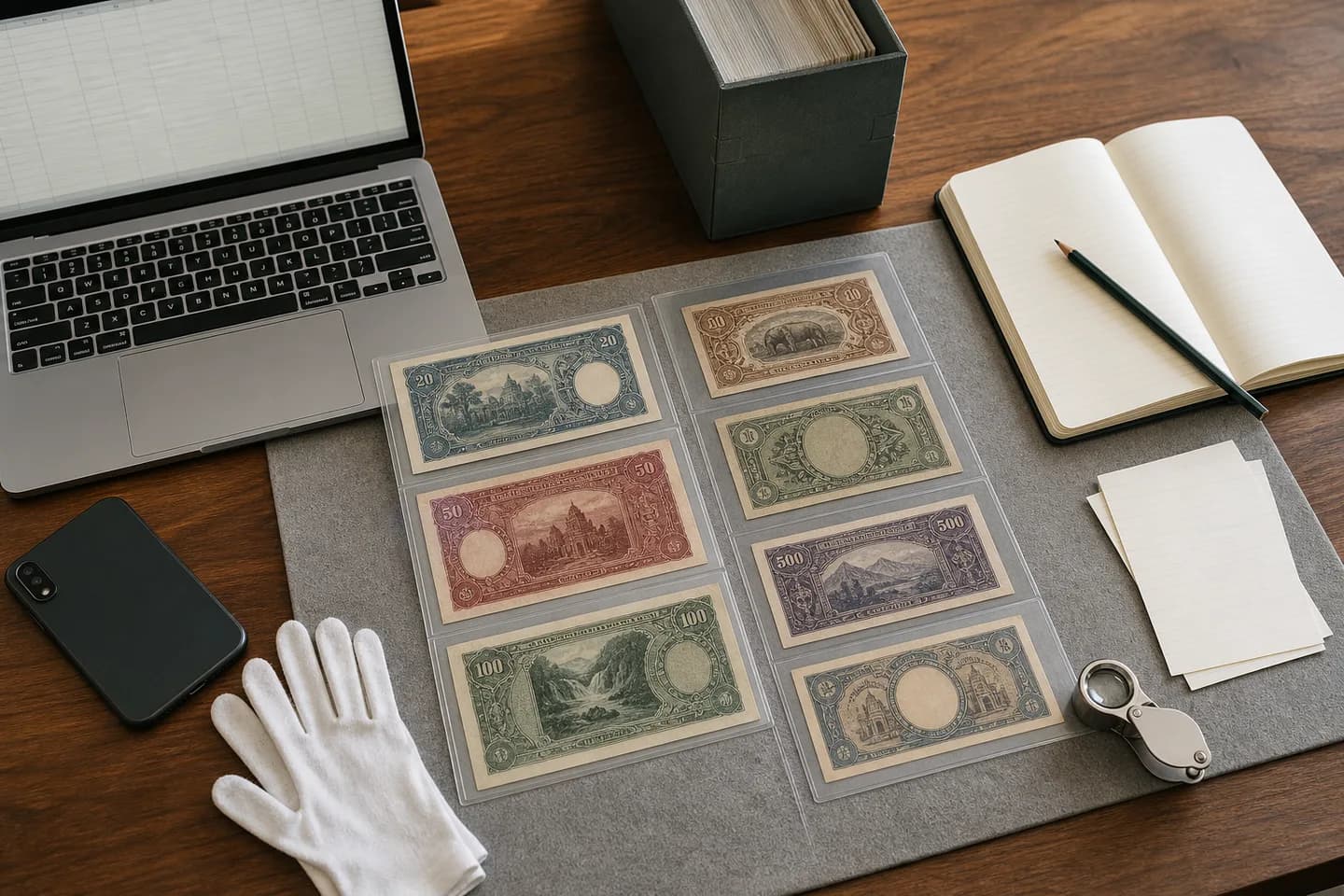 Fictional obsolete banknotes in archival sleeves between a laptop grid, notebook, phone, and collection box