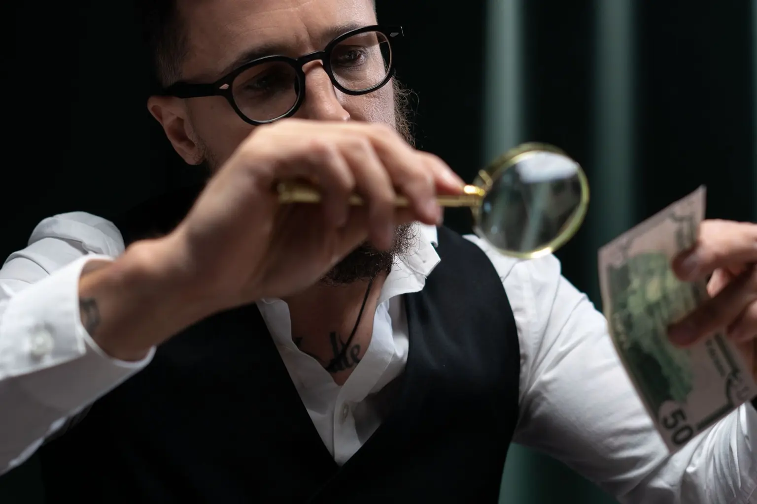 A collector examining a banknote closely with a brass magnifying glass