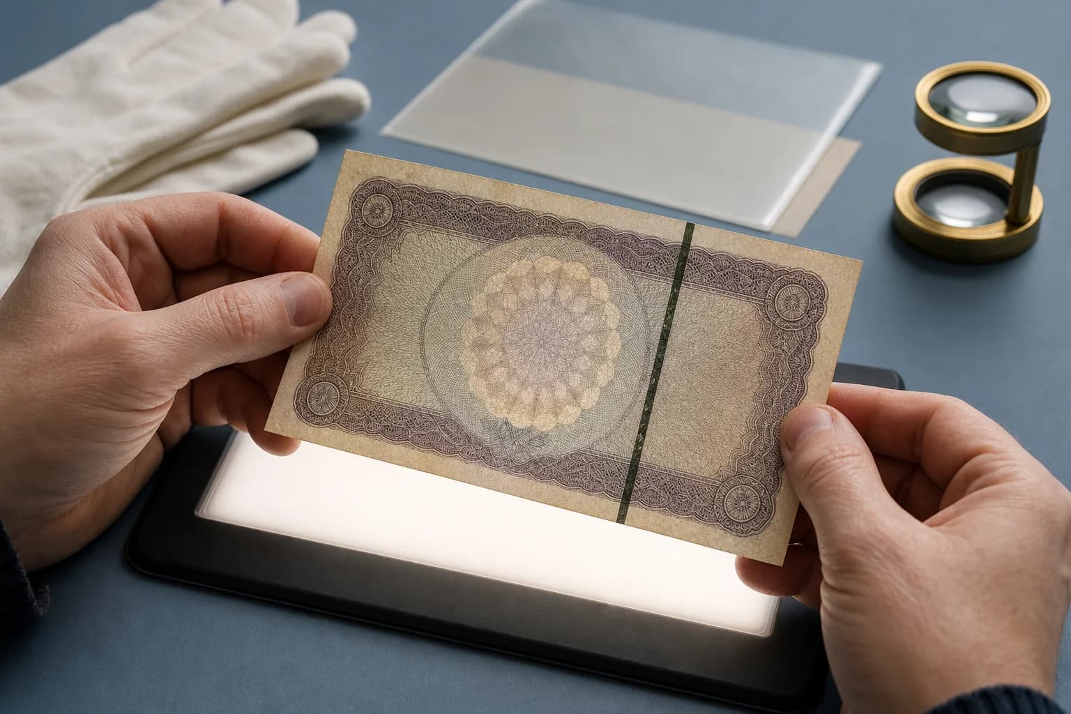 Collector holding a fictional banknote above a light panel to reveal its watermark and security thread
