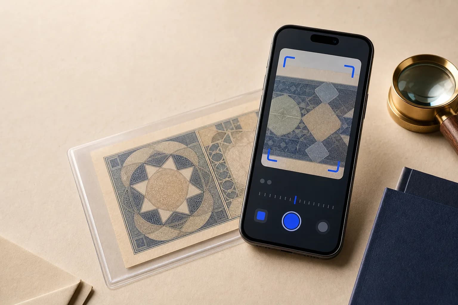 A phone scanning a fictional collectible banknote beside a brass magnifying loupe