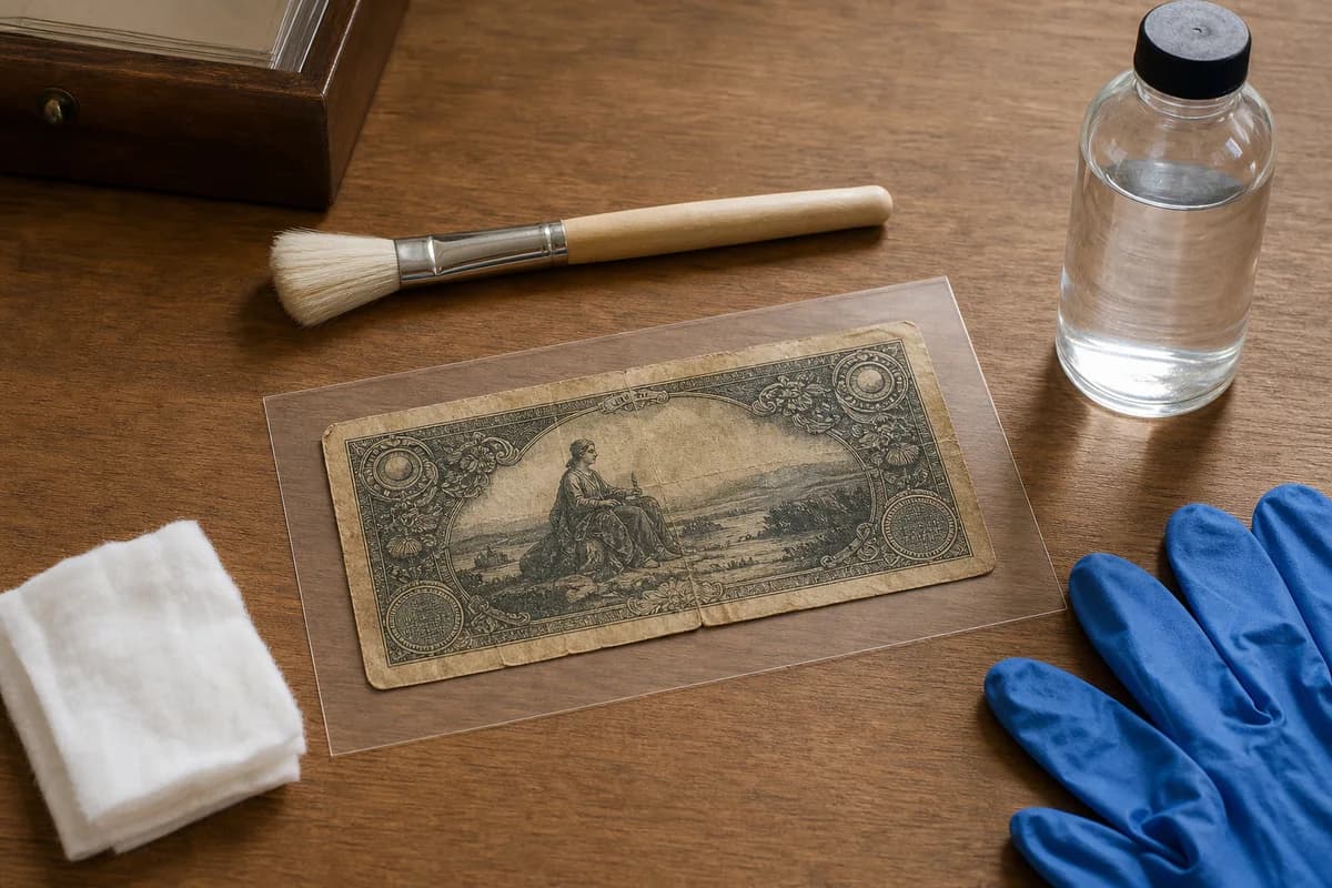 Billete ficticio desgastado protegido en una funda transparente junto a un pincel de conservación, guantes, secante y una botella de agua cerrada