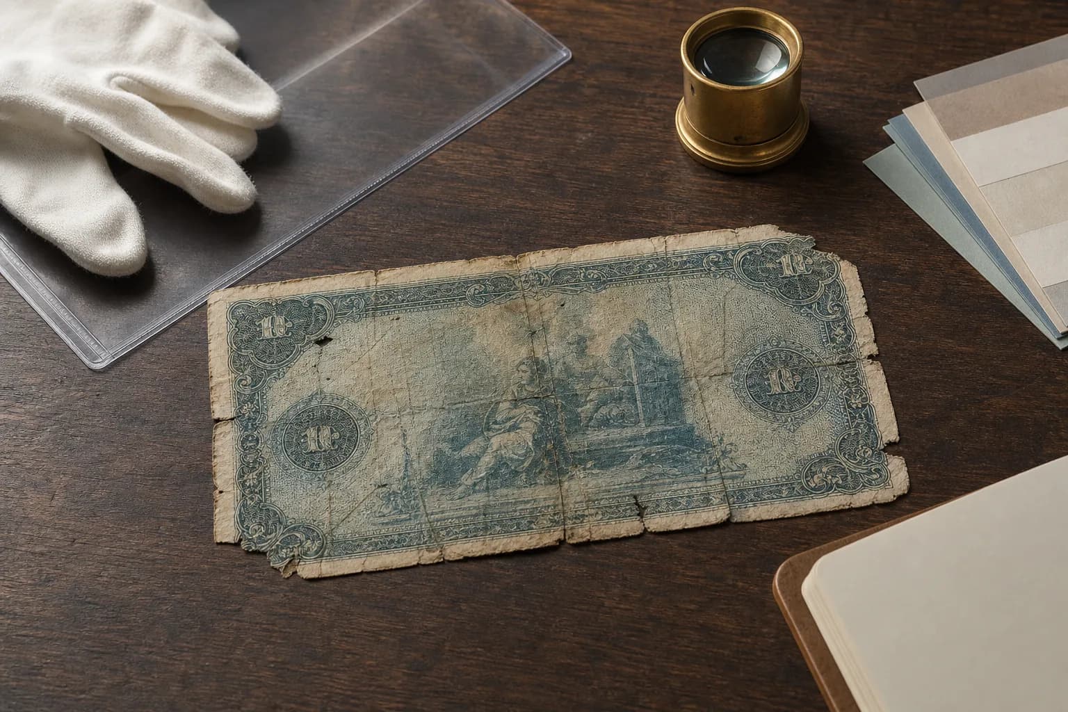 Cédula fictícia antiga muito gasta, com rasgos e partes ausentes, sobre uma mesa de colecionador