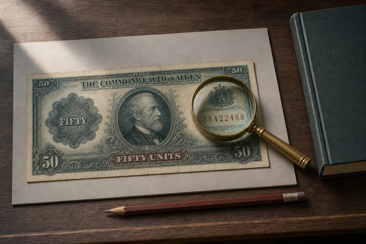Lupe über einer palindromischen Seriennummer auf einer fiktiven historischen Banknote
