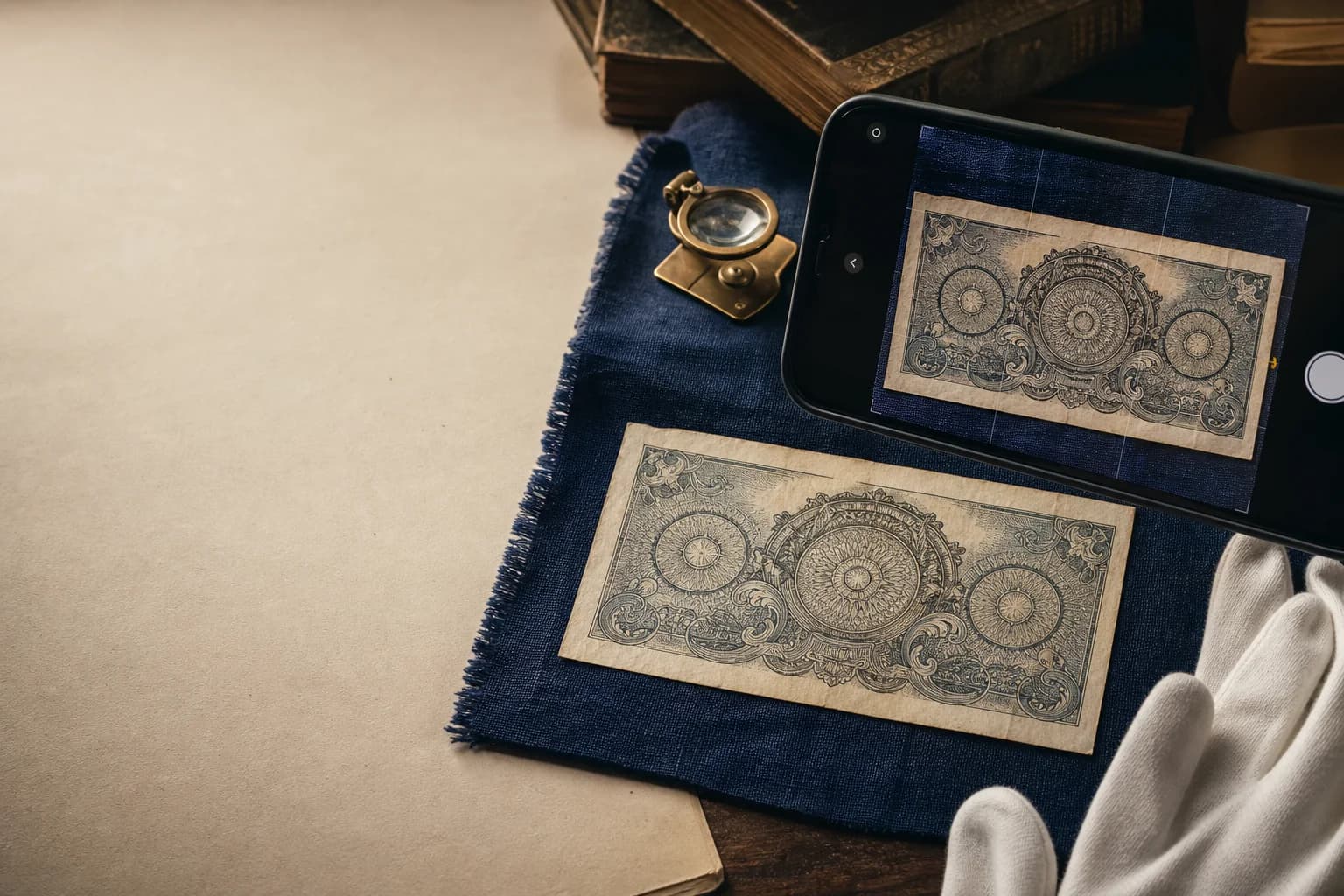 A smartphone photographing a fictional old banknote on a cobalt archival cloth