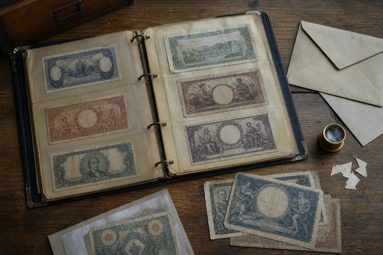 Álbum herdado com cédulas antigas fictícias, envelopes e lupa de latão sobre uma mesa de madeira