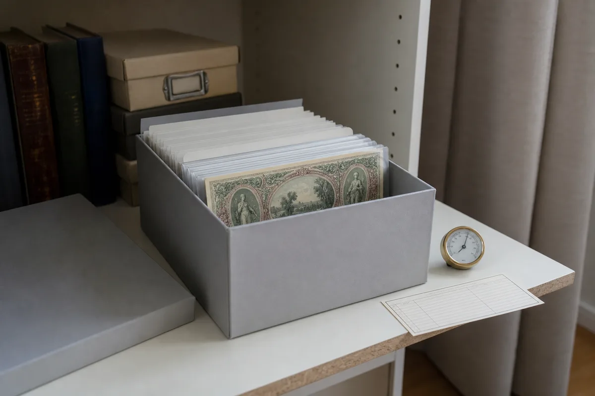 Sleeved fictional banknotes supported by dividers in an archival box on an interior shelf