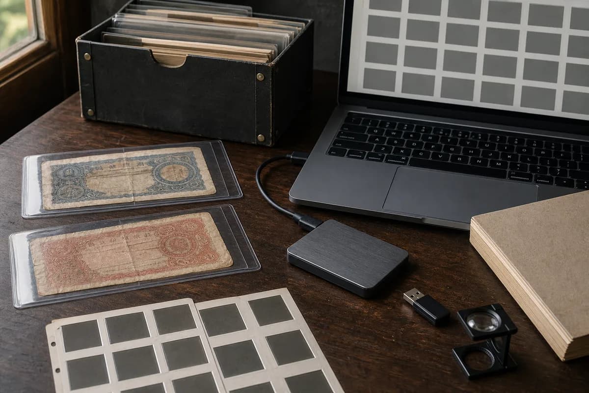 Fictional obsolete banknotes beside a laptop thumbnail grid, external drive, USB drive, and archival collection box