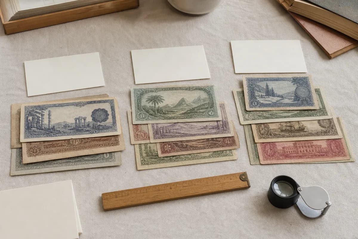 Trois groupes de billets anciens fictifs avec fiches vierges, règle et loupe