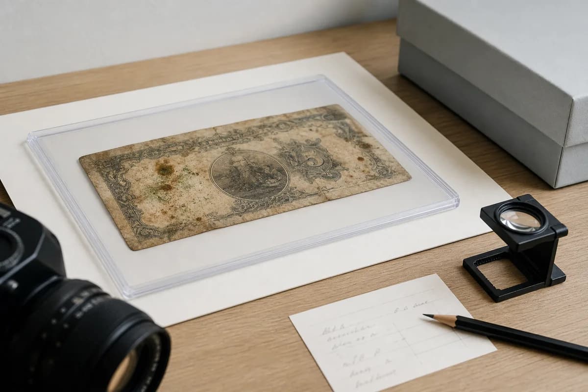 Billete histórico ficticio con manchas aislado en una funda junto a una cámara, lupa, ficha de inventario y caja de archivo
