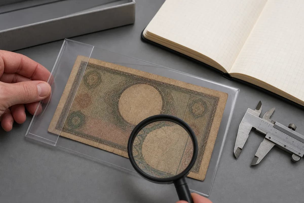 Collectionneur glissant un billet ancien fictif dans une pochette près d'une loupe, d'un pied à coulisse et d'un carnet quadrillé vierge