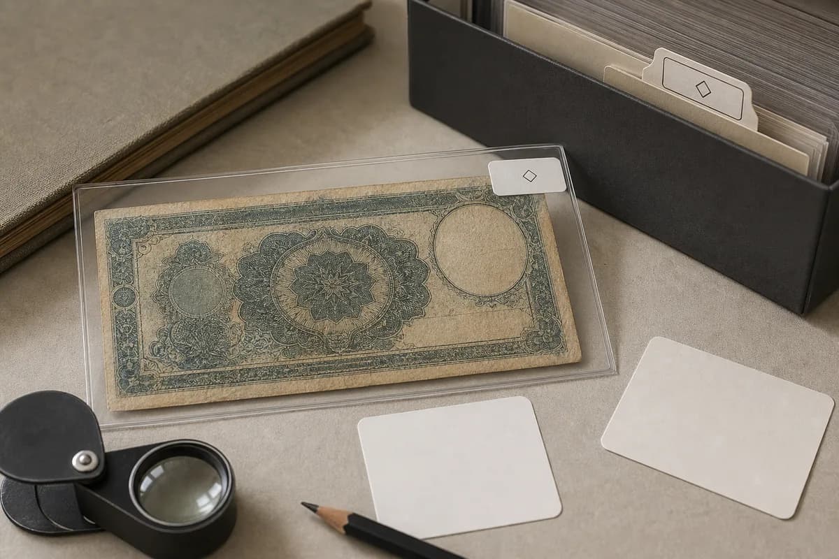Fictional obsolete banknote in a clear sleeve with a matching geometric label on its archival storage box