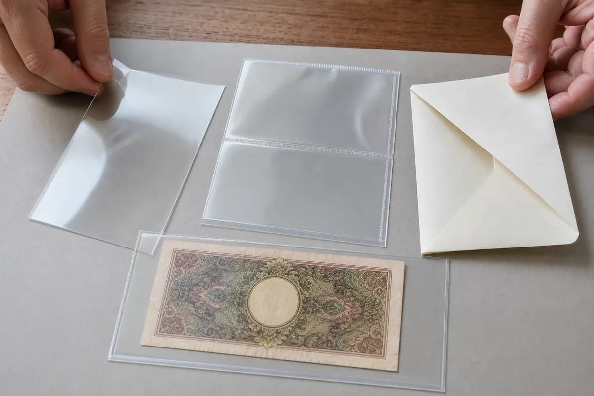 Clear polyester and polypropylene holders beside an acid-free envelope and a fictional banknote