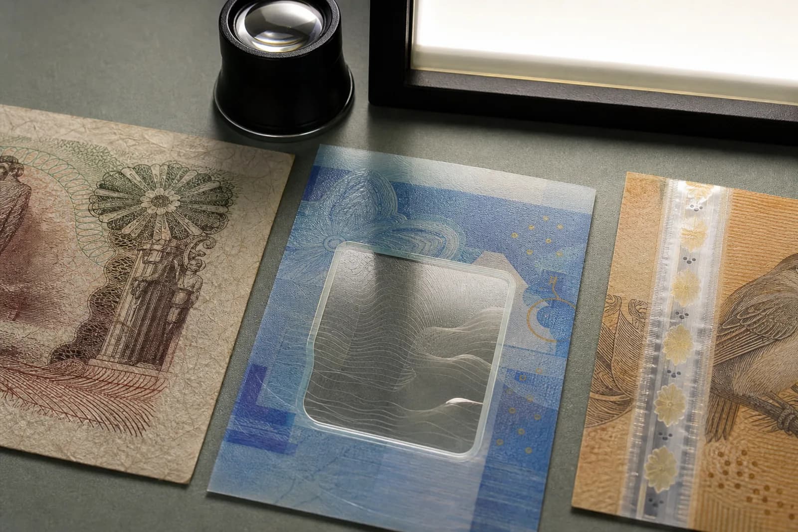 Surfaces fictives en papier, polymère et matériau hybride observées à la loupe et en lumière transmise