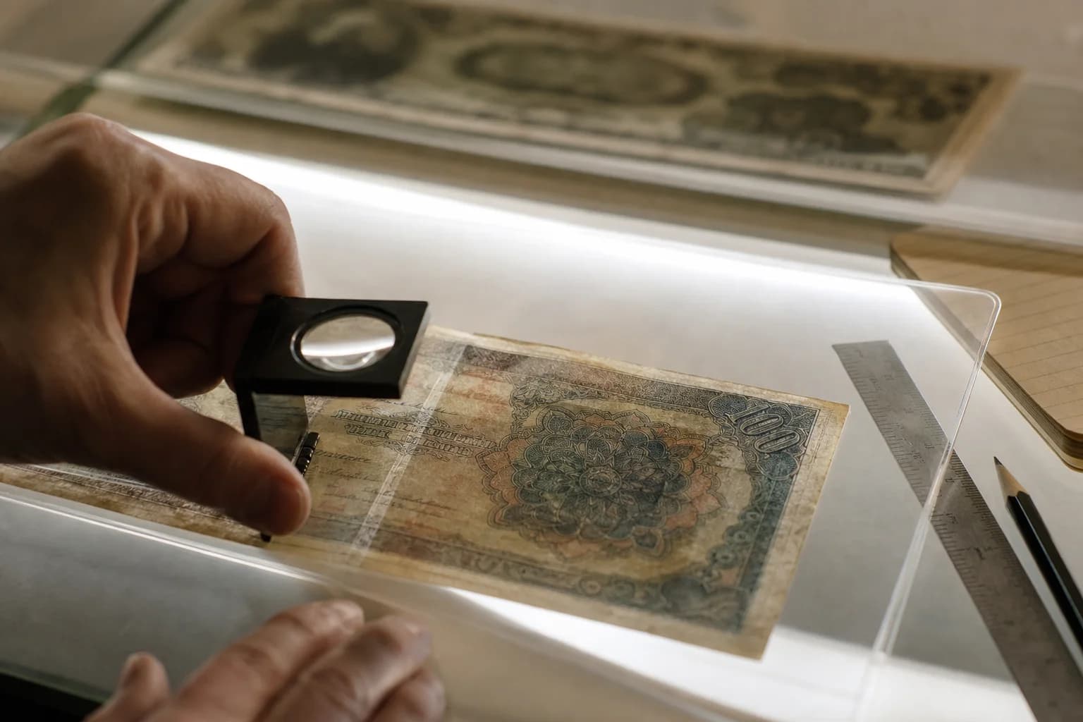 Collector using a loupe and light panel to document a fictional old banknote inside an archival sleeve