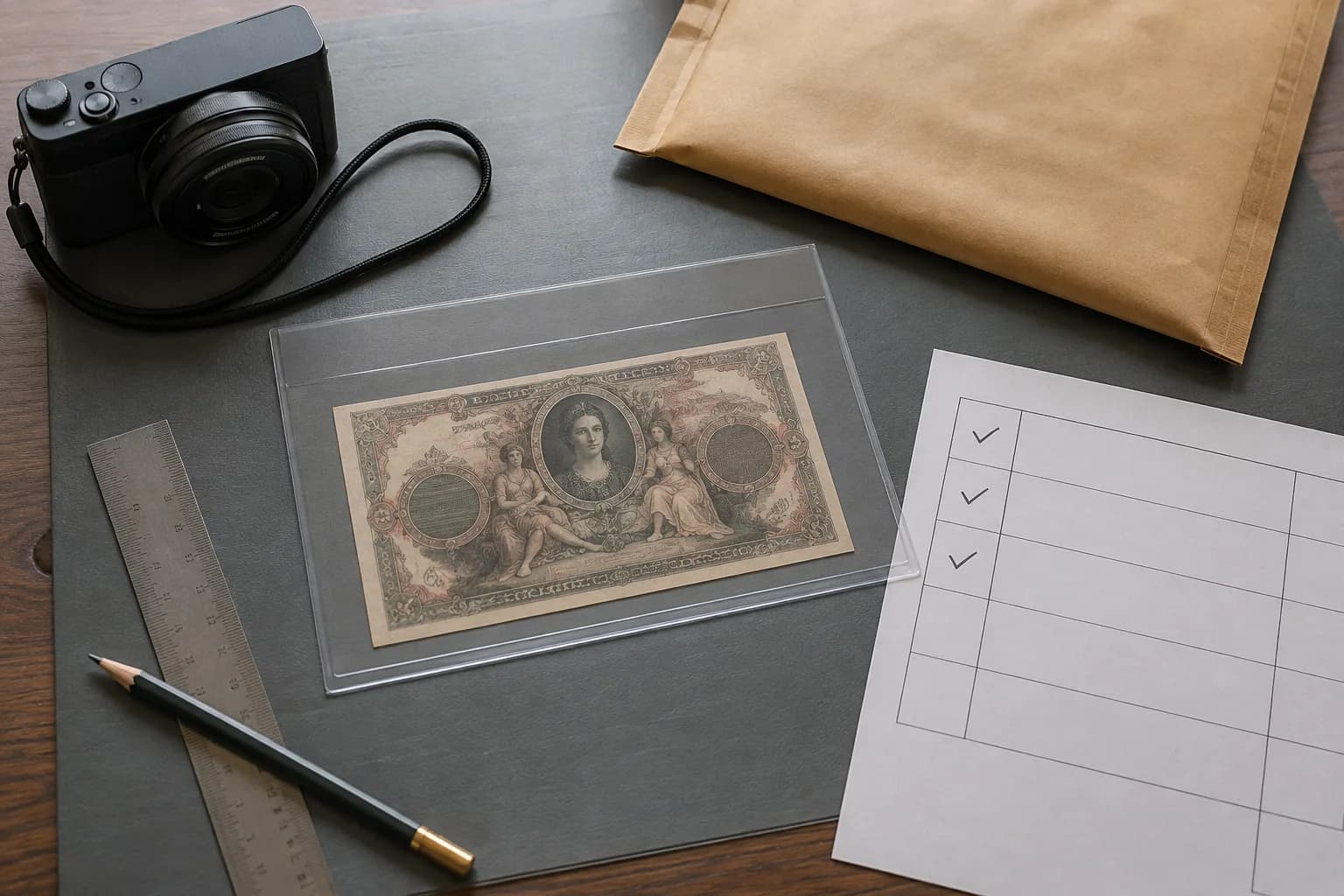 Fictional old banknote in an archival sleeve beside an exchange form, tracked envelope, camera, and identification checklist