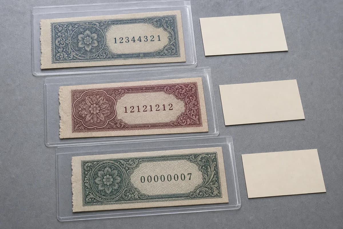 Drei fiktive Banknotenabschnitte mit Radar-, Wiederholer- und niedriger Seriennummer in Schutzhüllen
