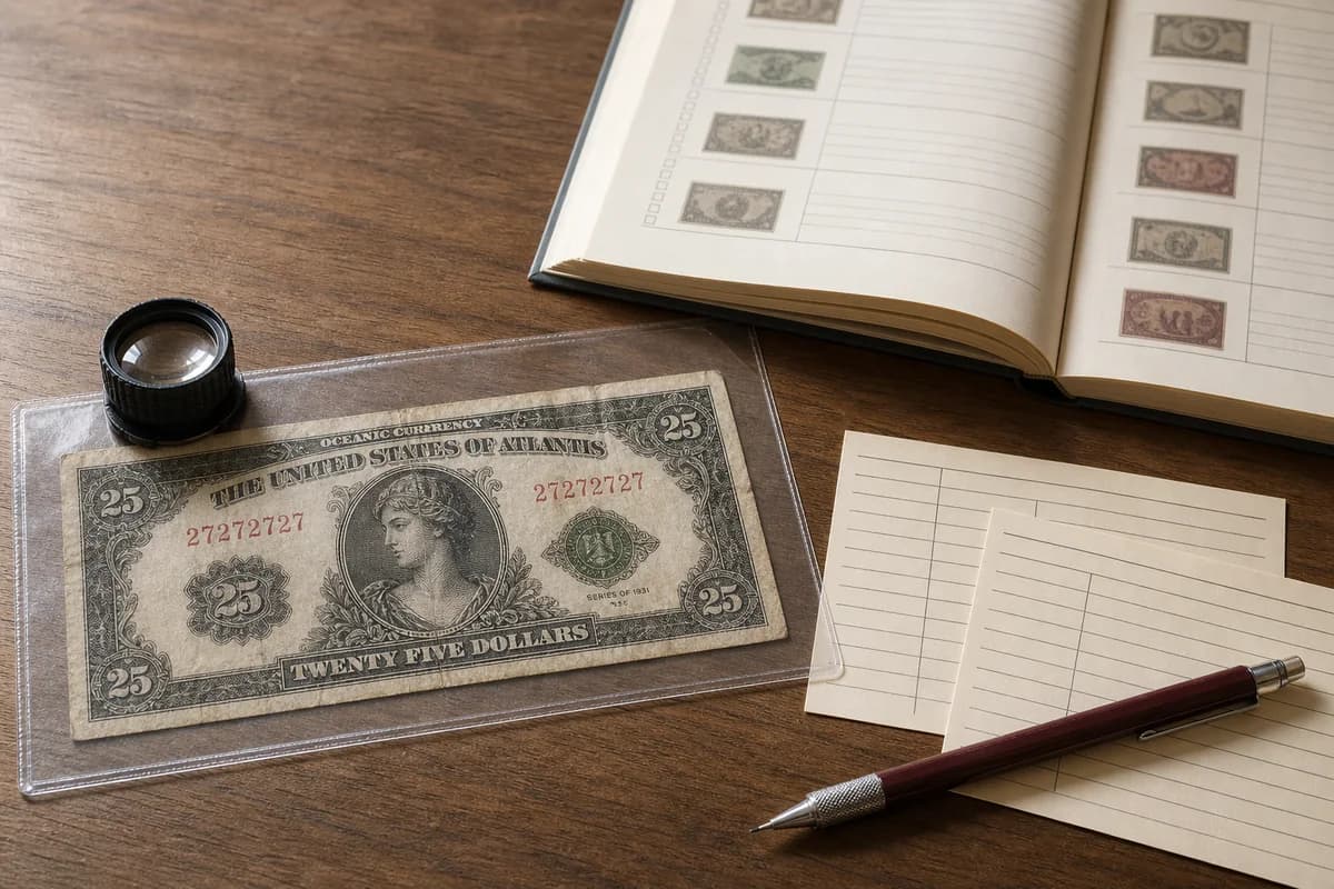 Fiktive Banknote mit Wiederholernummer in einer Hülle neben Lupe, Vergleichskarten und Auktionskatalog