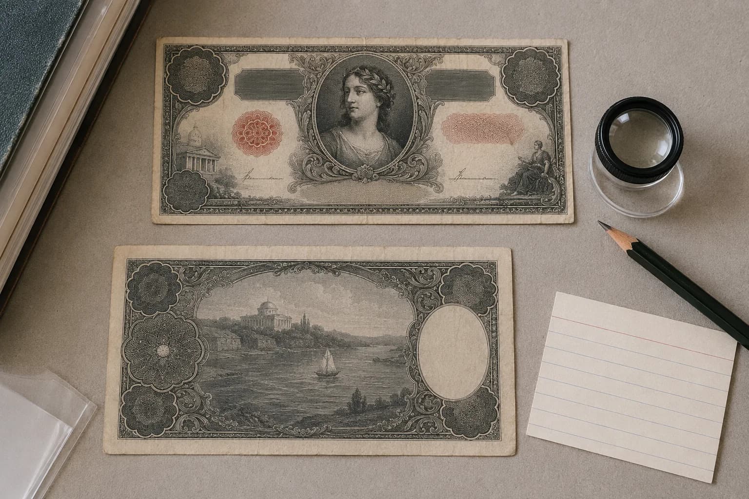 Fictional old banknote photographed front and back with issuer, date, signature, and serial areas under inspection