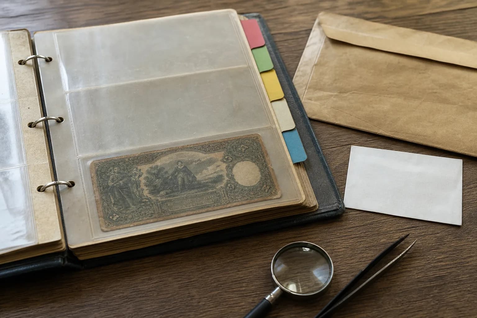 Álbum antigo de cédulas mantido com envelopes, divisórias em branco e lupa antes da reorganização