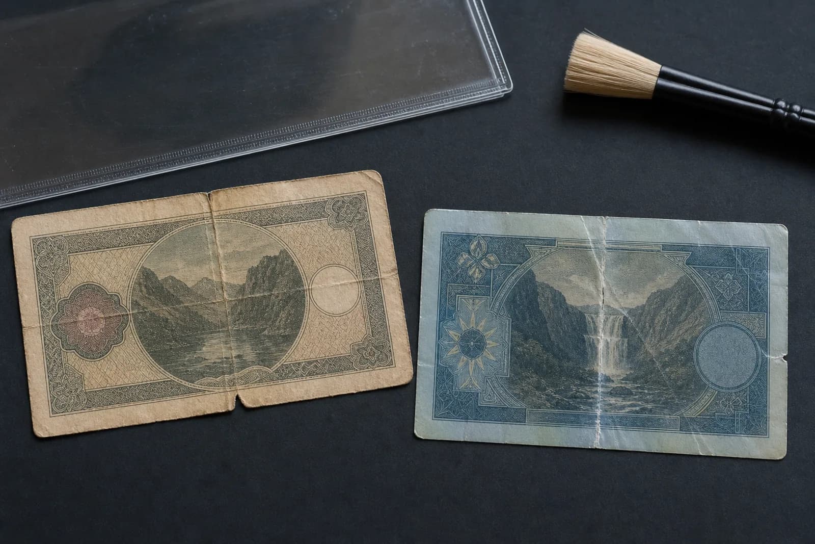 Billets fictifs en papier et en polymère montrant des plis et dommages de surface différents