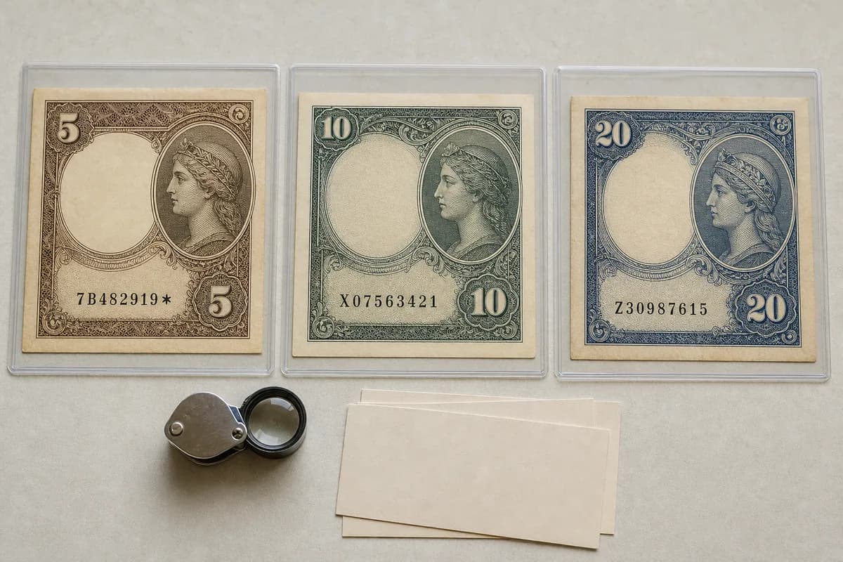 Tres billetes ficticios de sustitución con una estrella final, un prefijo X y un prefijo Z en fundas transparentes