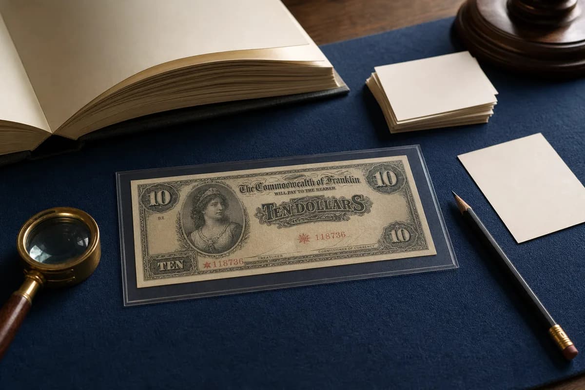 Billete ficticio de sustitución con estrella en una funda junto a una lupa, fichas de investigación y un libro