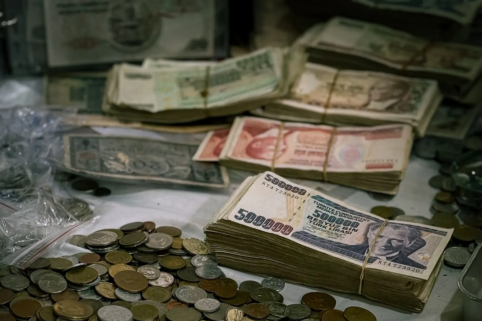 Stacks of vintage banknotes and coins organized as a large currency collection