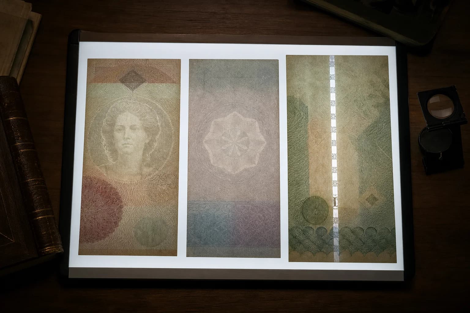 Three fictional banknote papers on a light panel showing a shaded watermark, geometric electrotype, and windowed thread