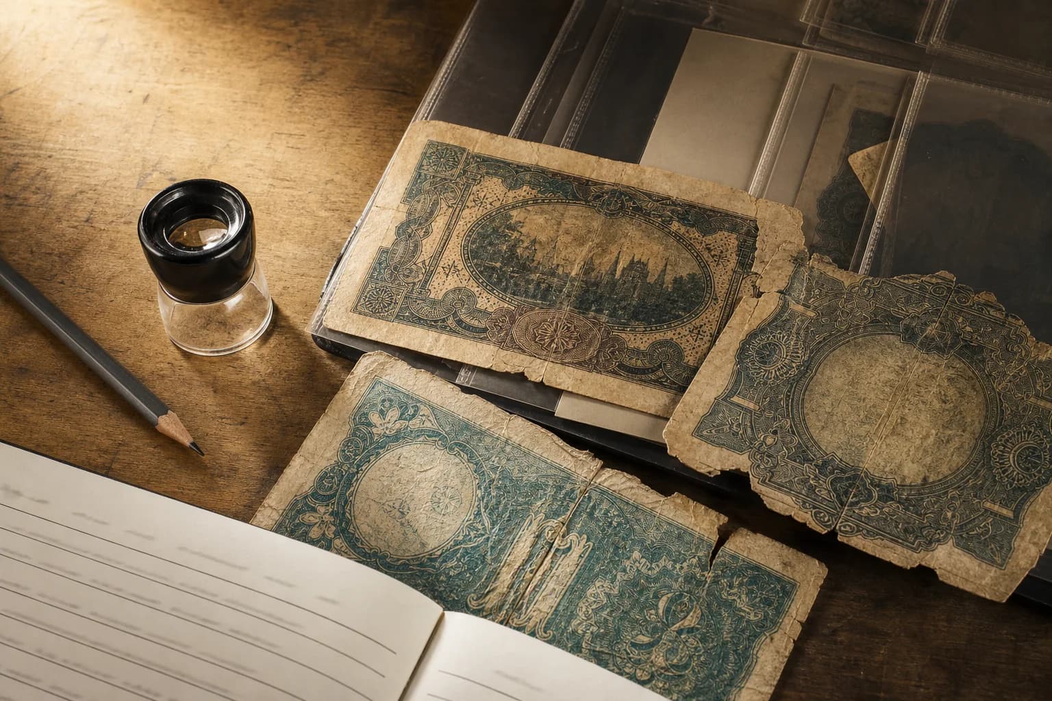 Fictional worn collector banknotes, a loupe, and archival sleeves on a wooden desk