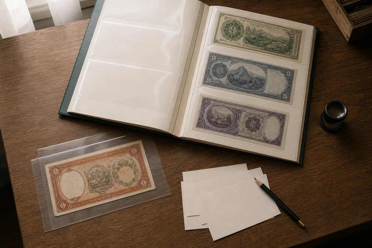 Album ouvert avec billets fictifs, pochette inerte, loupe, crayon et fiches d'inventaire vierges sur une table en bois