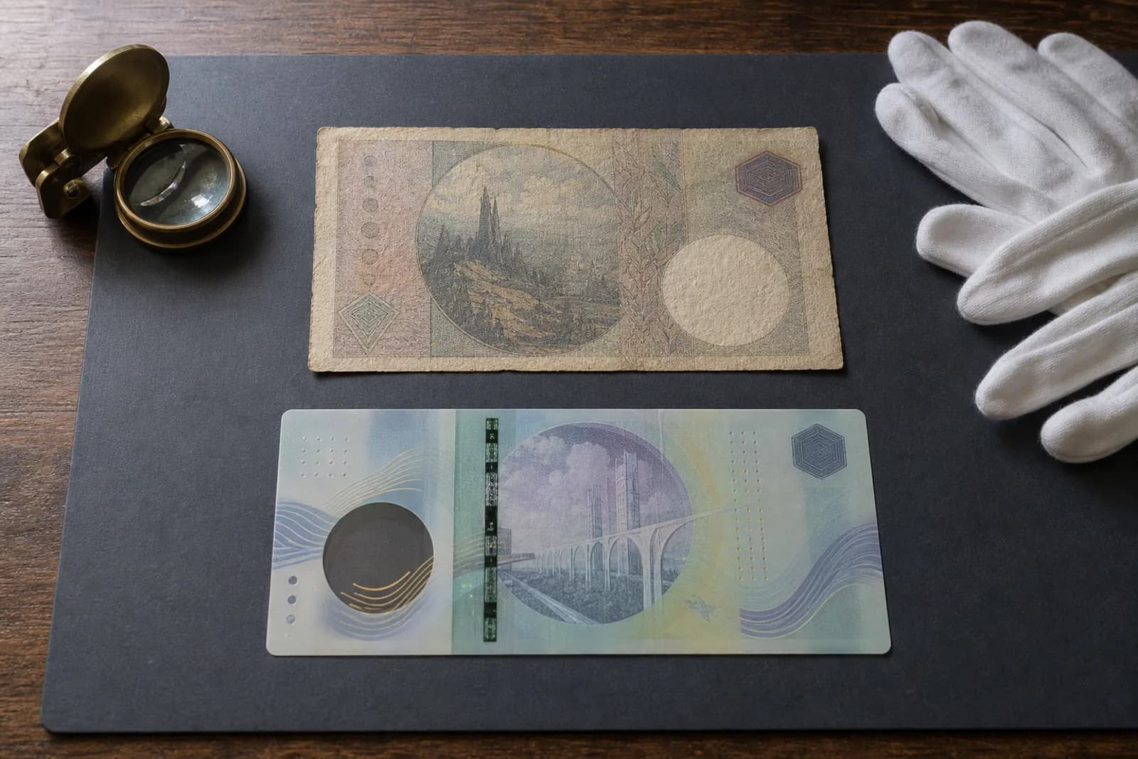 Billets fictifs en papier de coton et en polymère comparés sur un tapis d’archives