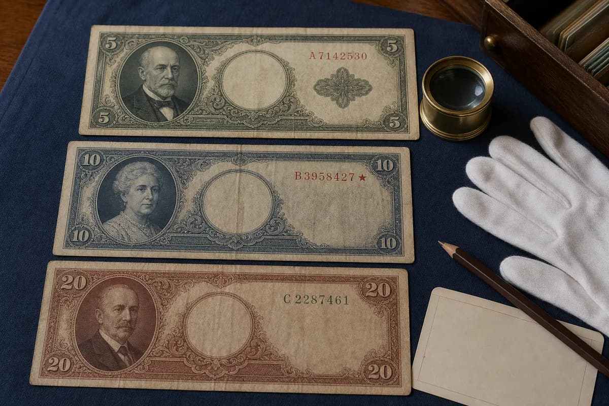 Tres billetes ficticios antiguos sobre tela de archivo, uno con una estrella junto al número de serie