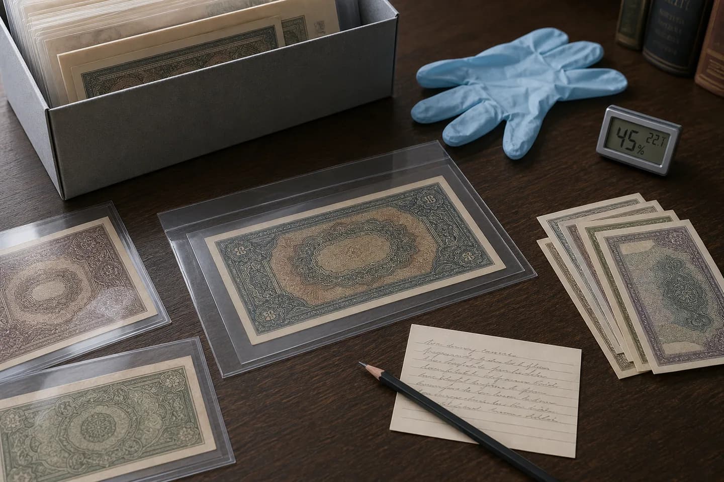 Fictional collectible banknotes in clear archival sleeves beside an acid-free storage box and hygrometer