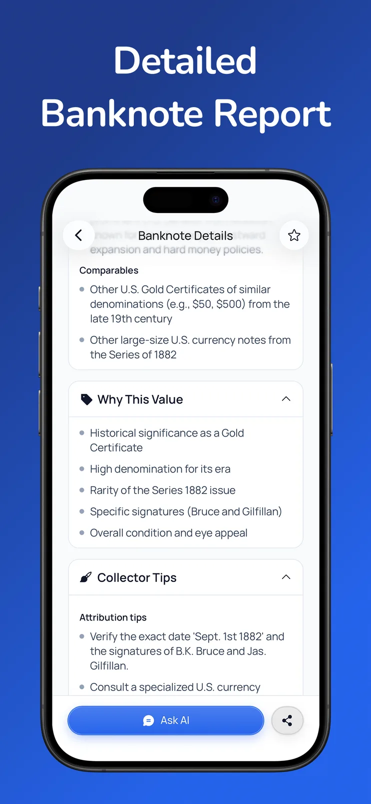 Detailed banknote report and collector tips in Money AI