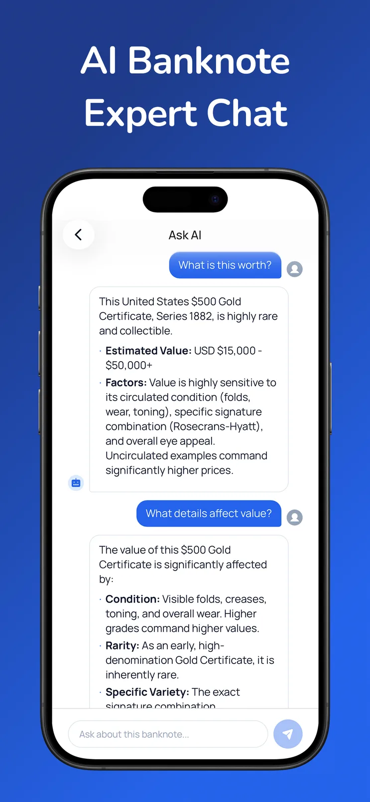 Money AI follow-up assistant for a scanned banknote