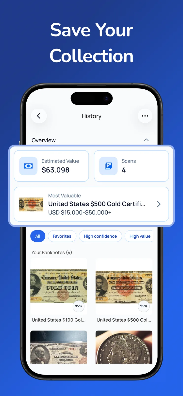 Saved banknote collection and scan history in Money AI