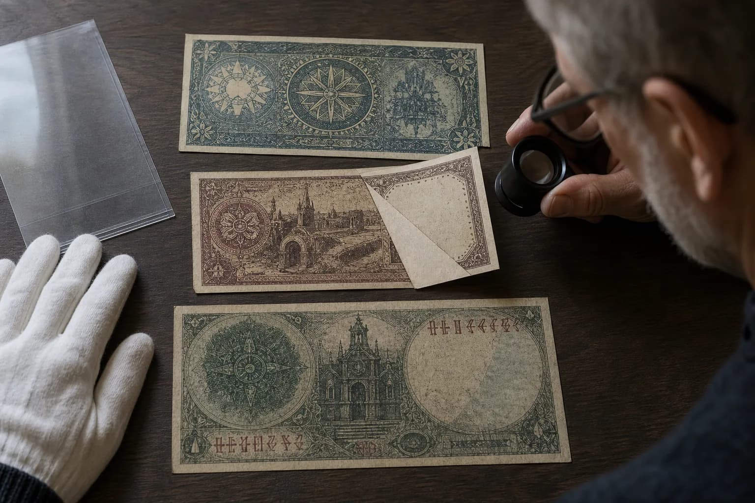 Sammler untersucht fiktive alte Banknoten mit bedruckter Falte, Abklatsch und verschobener Nummerierung