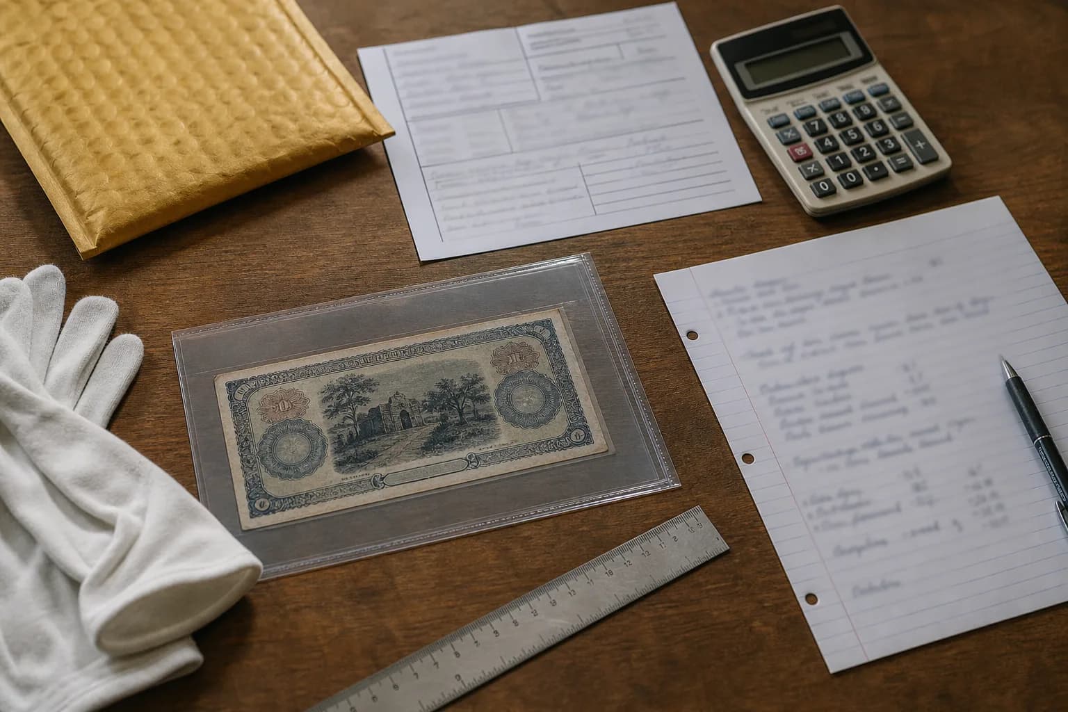 Fictional banknote in an archival sleeve with calculator, ruler, padded mailer, gloves, and blurred cost notes