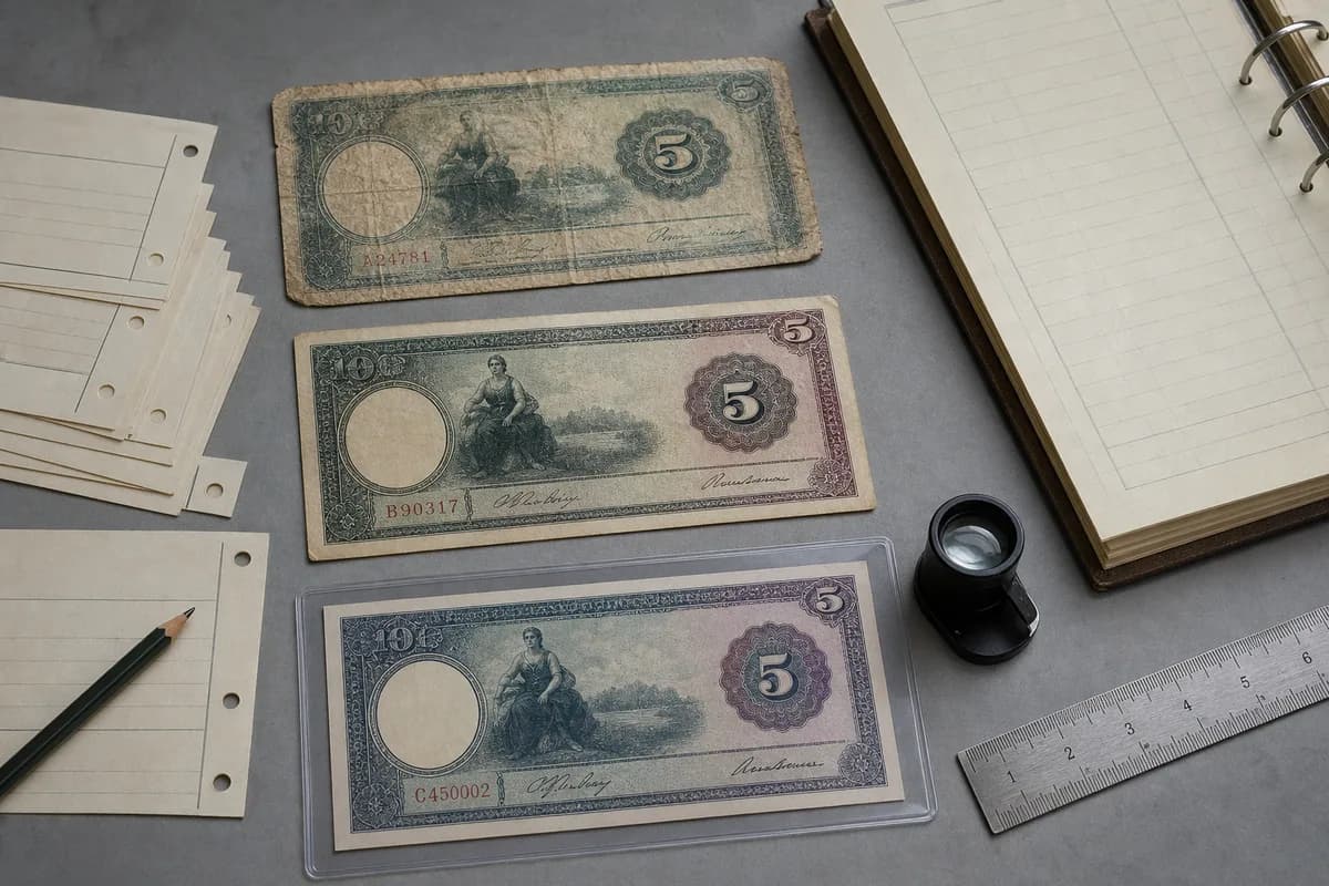 Drei fiktive Banknotenvarianten neben Zensuskarten, Register, Lupe und Lineal