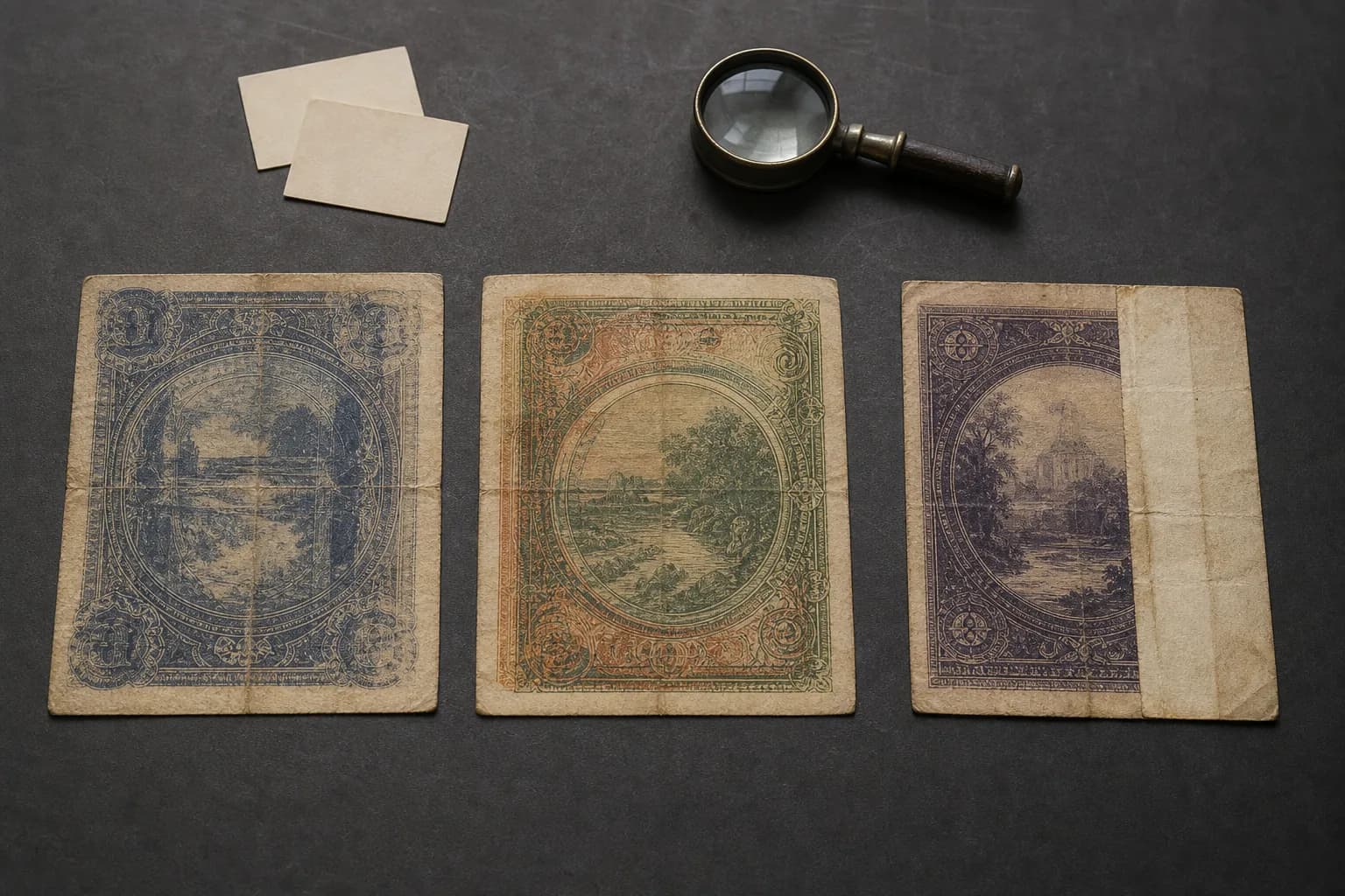Drei fiktive alte Banknoten zum Vergleich von Abklatsch, Doppeldruck und Faltenfehler