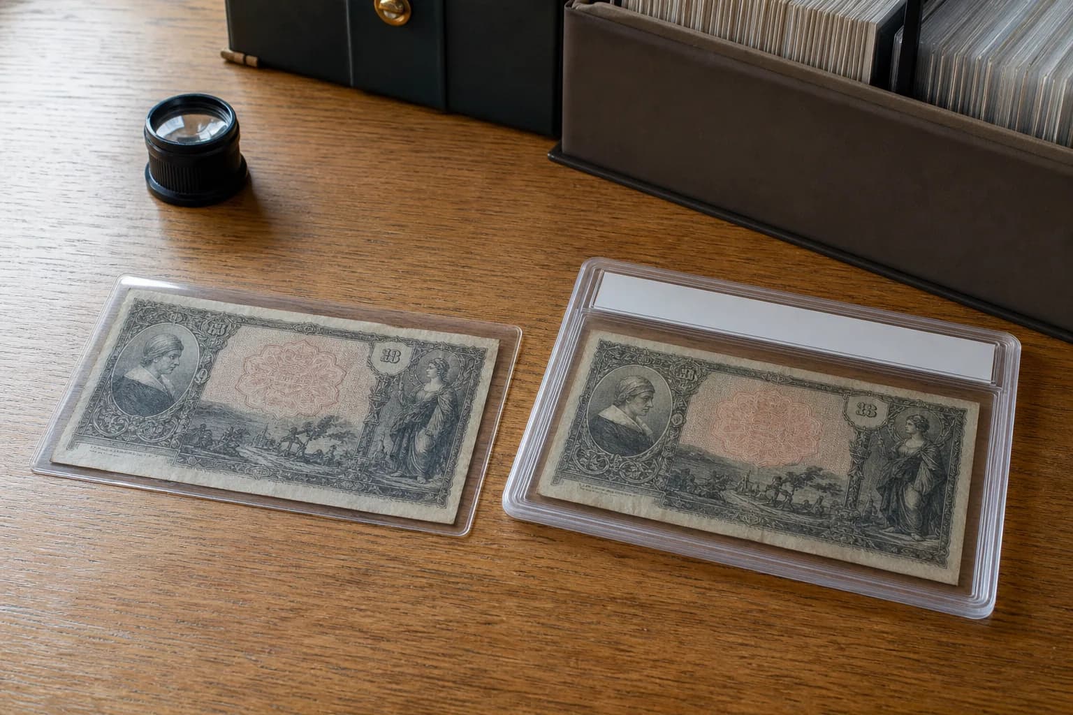 Two similar fictional obsolete banknotes, one in an inert sleeve and one in a blank rigid grading holder