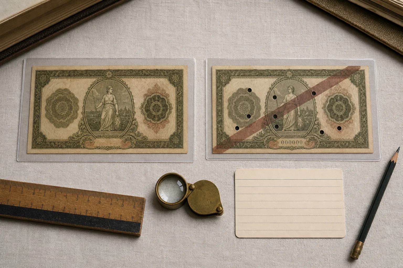 A normal fictional obsolete banknote compared with a cancelled specimen example in archival sleeves