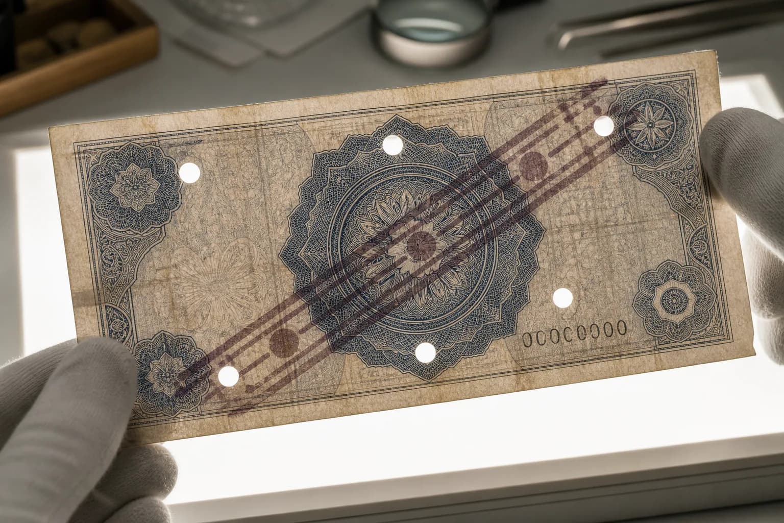 Gloved hands viewing a fictional perforated specimen banknote over a soft light table