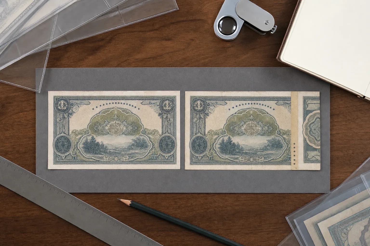 Normale fiktive alte Banknote neben passendem Stück mit stark verschobenem Schnitt