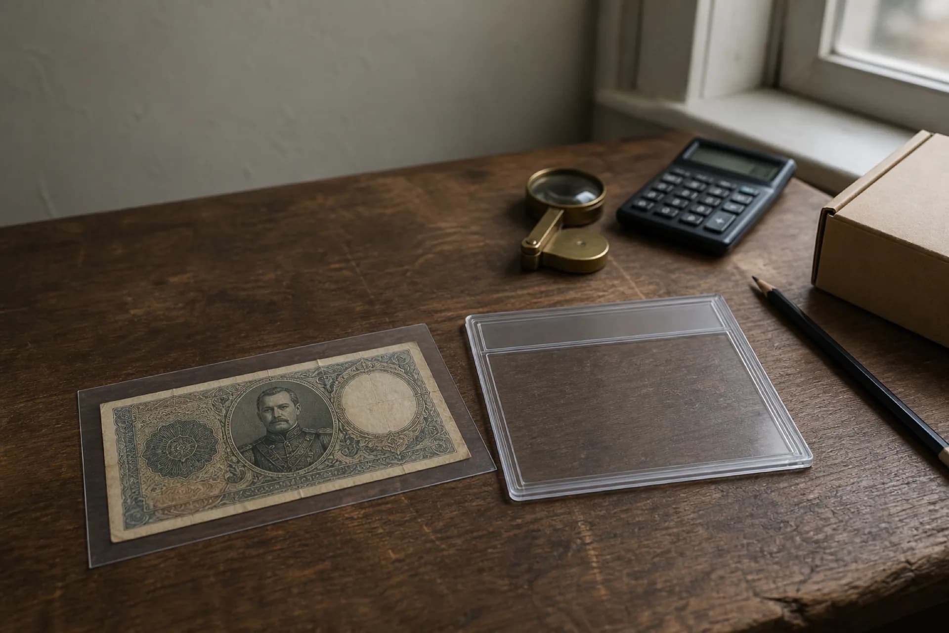 Fictional obsolete banknote in an archival sleeve beside a blank grading holder, loupe, calculator, and shipping box