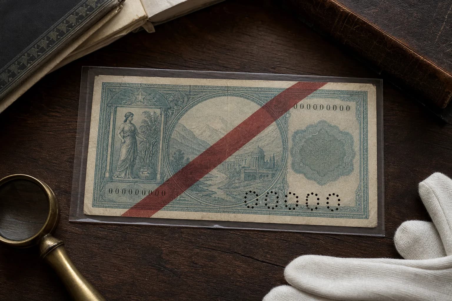 A fictional obsolete specimen banknote with cancellation marks beside a brass loupe and archival gloves
