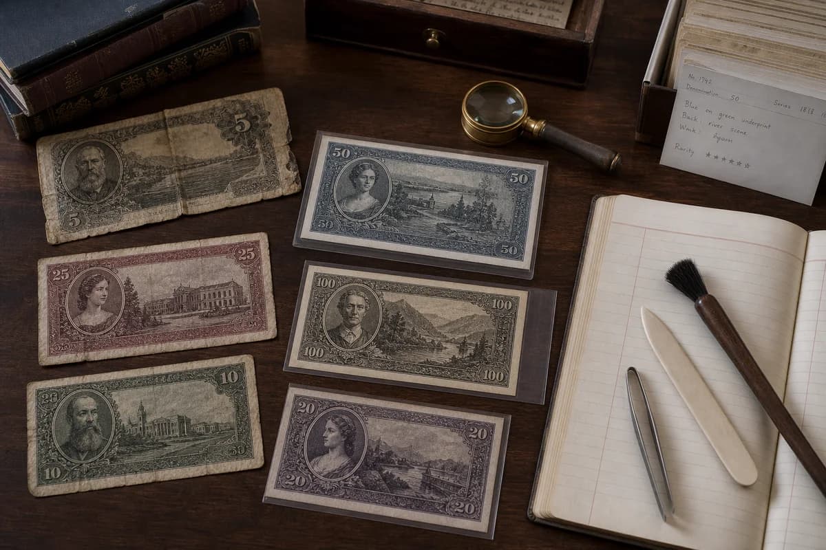 Fiktive historische Banknoten in verschiedenen Erhaltungsgraden neben Lupe, Karteikarten und Sammlungsbuch