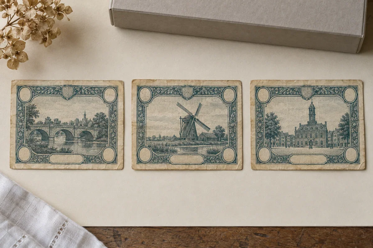 Three fictional obsolete paper notes with different landscape scenes arranged in a row on cream board