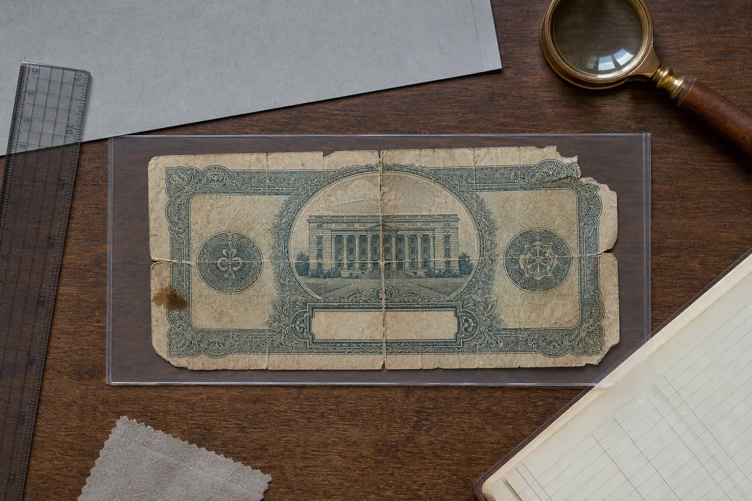 A damaged fictional banknote documented in a clear archival sleeve with a ruler and magnifying loupe